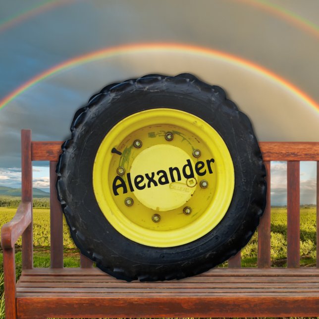 Yellow personalised name tractor wheel tire round cushion (Creator Uploaded)