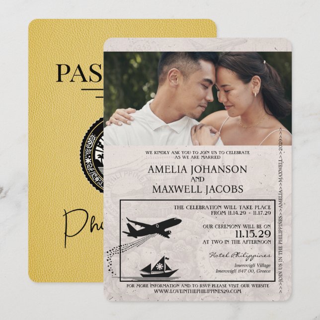 Yellow Philippines Passport Wedding Invitation (Front/Back)