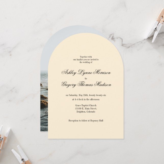 Yellow Photo Arch Shaped Wedding Invitation (Front/Back In Situ)
