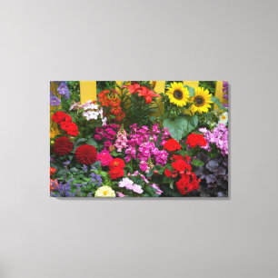 Yellow picket fence with flower garden in canvas print