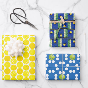 Yellow Pickleball Balls on Blue and White Wrapping Paper Sheet