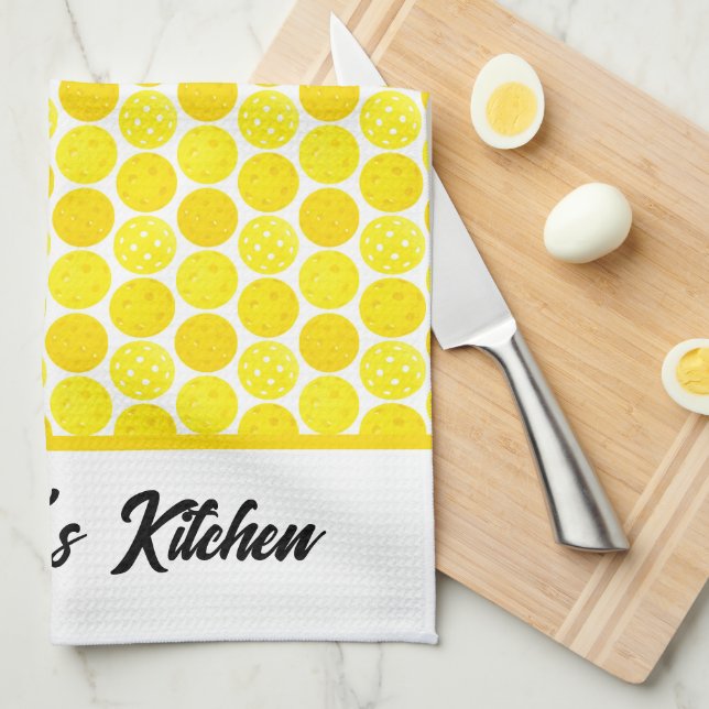 Yellow Pickleballs in the Kitchen Personalised Tea Towel (Quarter Fold)