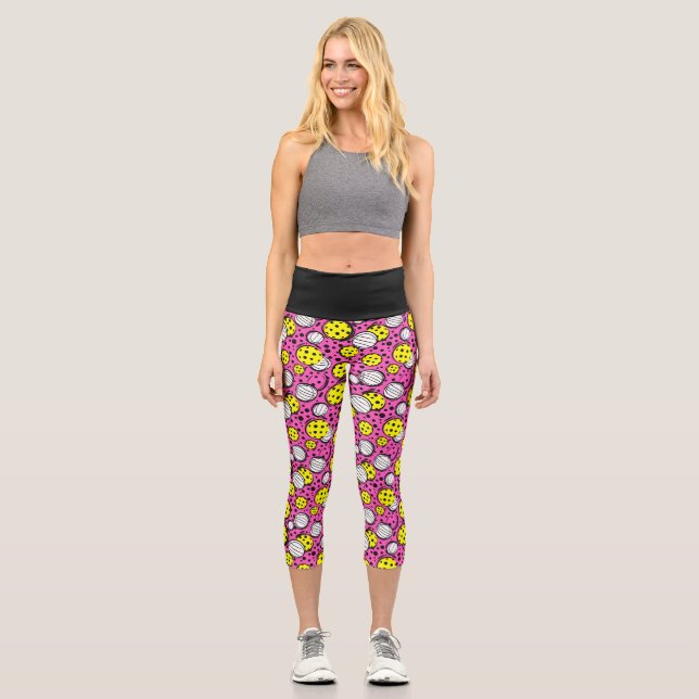 💛Yellow pickleballs on pink Capri Leggings (Front)
