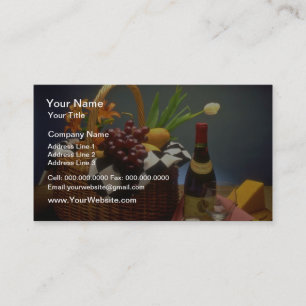 Yellow Picnic basket with wine, cheese, bread and Business Card