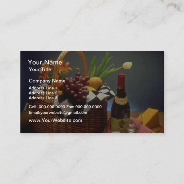Yellow Picnic basket with wine, cheese, bread and Business Card (Front)