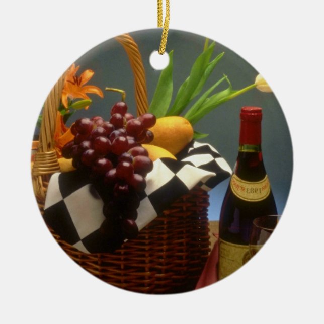 Yellow Picnic basket with wine, cheese, bread and Ceramic Tree Decoration (Front)