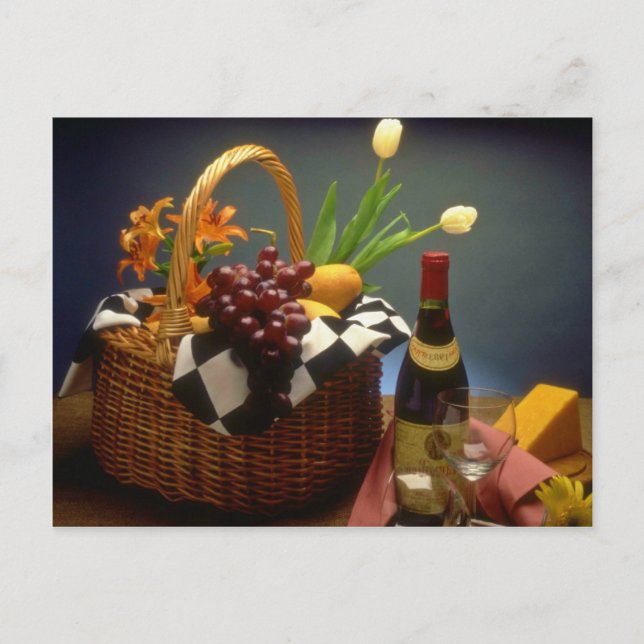 Yellow Picnic basket with wine, cheese, bread and Postcard (Front)