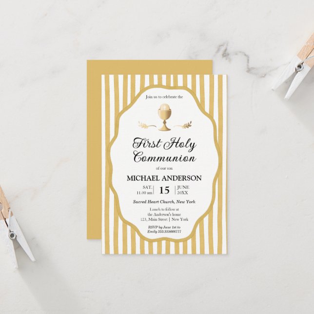 yellow pin striped Communion Invitation (Front/Back In Situ)