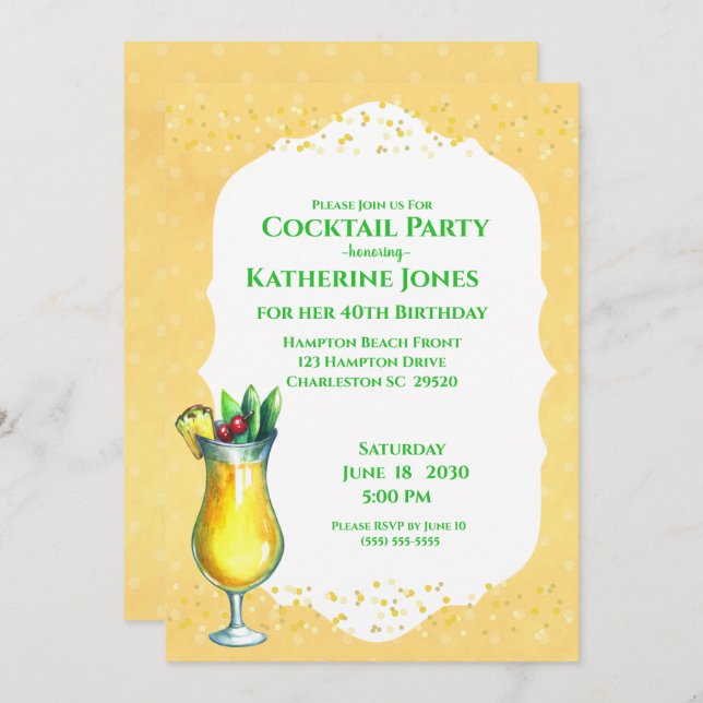 Yellow Pina Colada Birthday Cocktail Party    Invitation (Front/Back)