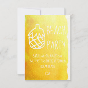 Yellow pineapple watercolor modern beach party invitation