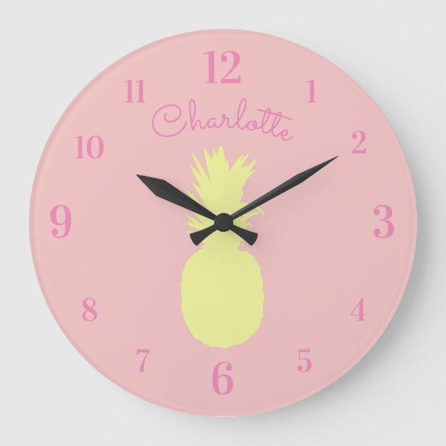 Yellow Pineapple with Custom Name on Pink Large Clock (Front)