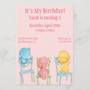 Yellow, Pink, and Blue Bears Birthday Invitation
