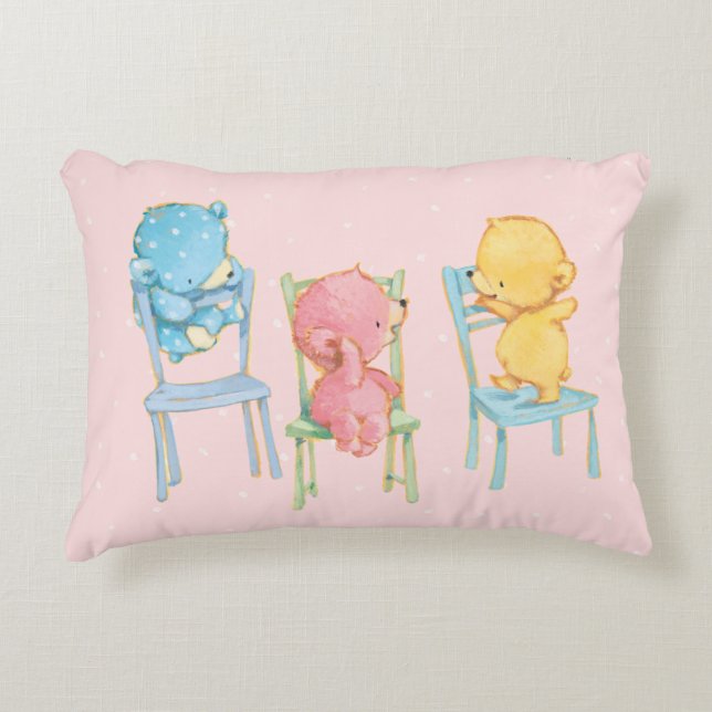 Yellow, Pink, and Blue Bears on Chairs Decorative Cushion (Front)