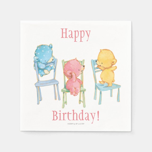 Yellow, Pink, and Blue Bears on Chairs Napkin (Front)