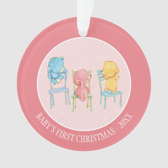 Yellow, Pink, and Blue Bears on Chairs Ornament (Front)
