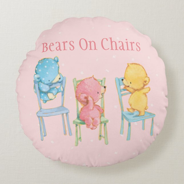 Yellow, Pink, and Blue Bears on Chairs Round Cushion (Front)