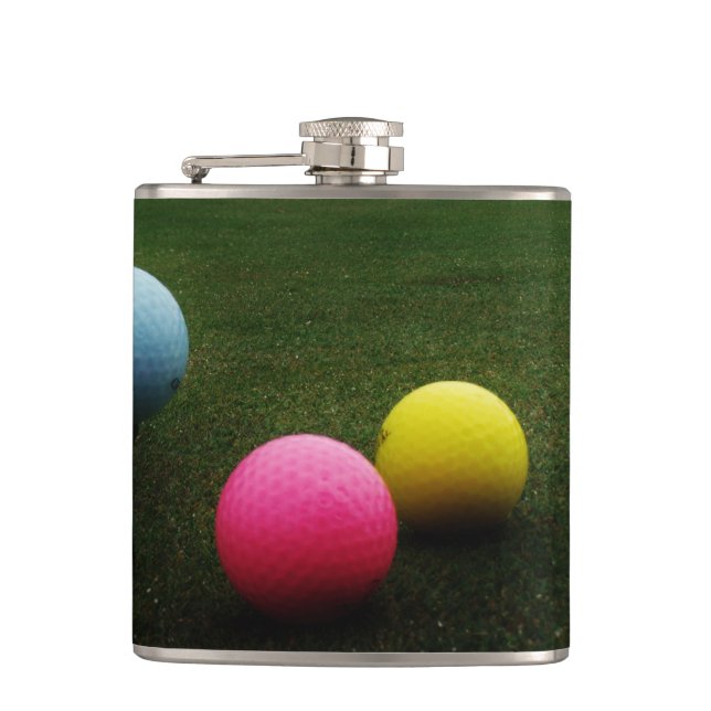 YELLOW, PINK AND BLUE Golf Balls Hip Flask (Front)
