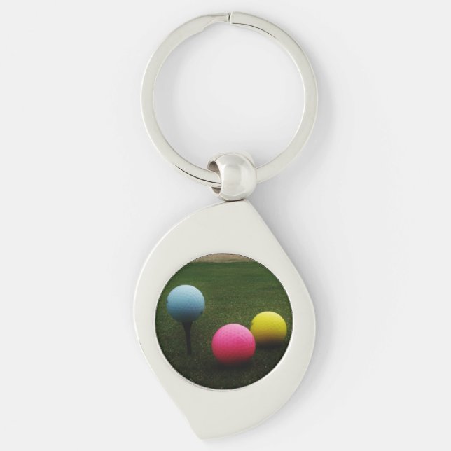 YELLOW, PINK AND BLUE Golf Balls Key Ring (Front)