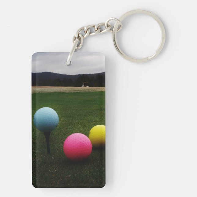 YELLOW, PINK AND BLUE Golf Balls Key Ring (Back)