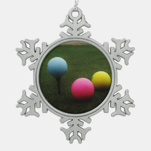 YELLOW, PINK AND BLUE Golf Balls Snowflake Pewter Christmas Ornament
