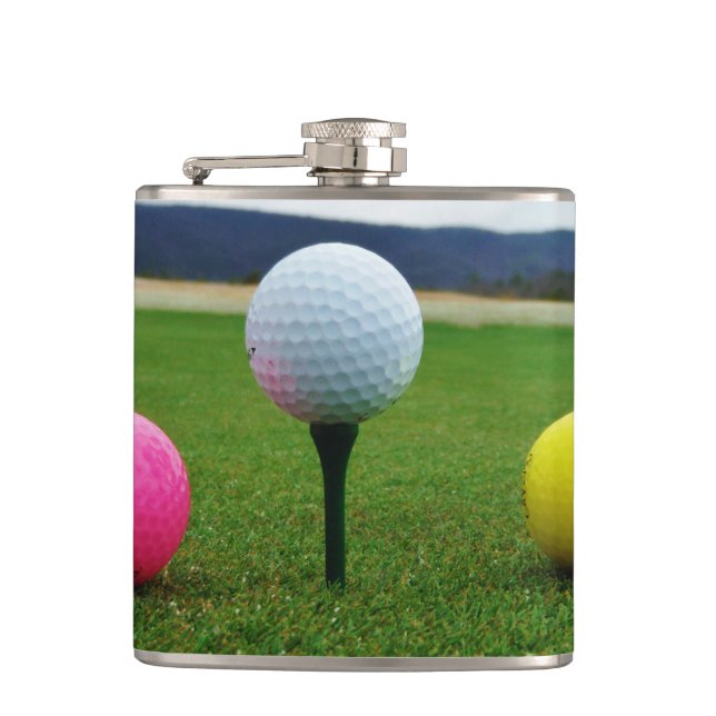 YELLOW, PINK AND WHITE  Golf Balls Hip Flask (Front)