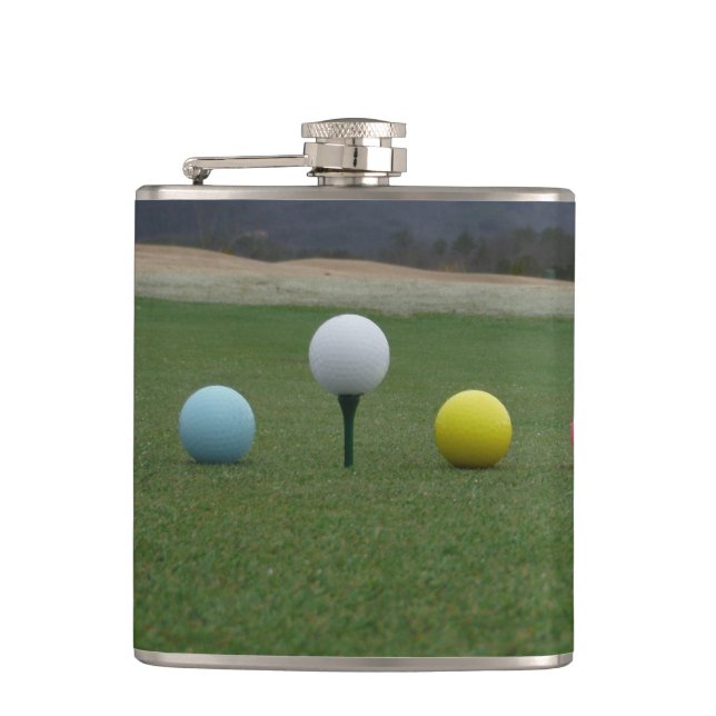 YELLOW, PINK AND WHITE  Golf Balls Hip Flask (Front)