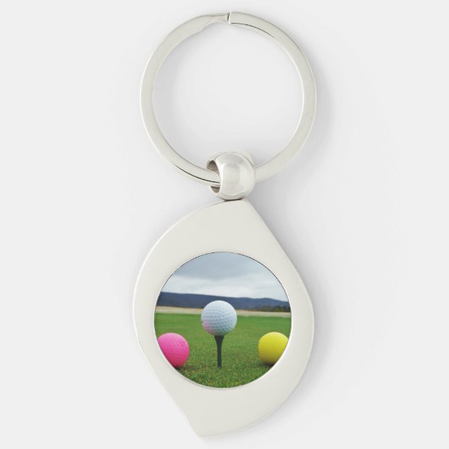 YELLOW, PINK AND WHITE  Golf Balls Key Ring (Front)