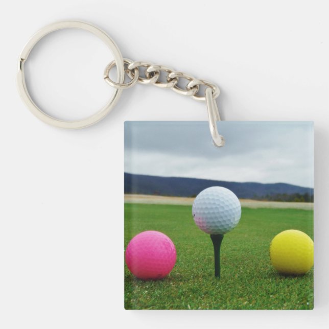 YELLOW, PINK AND WHITE  Golf Balls Key Ring (Front)