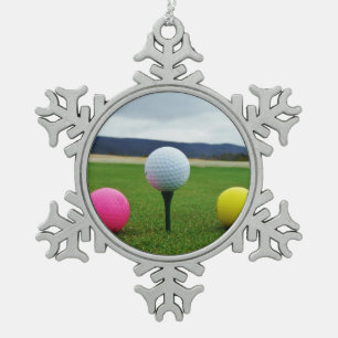 YELLOW, PINK AND WHITE  Golf Balls Snowflake Pewter Christmas Ornament