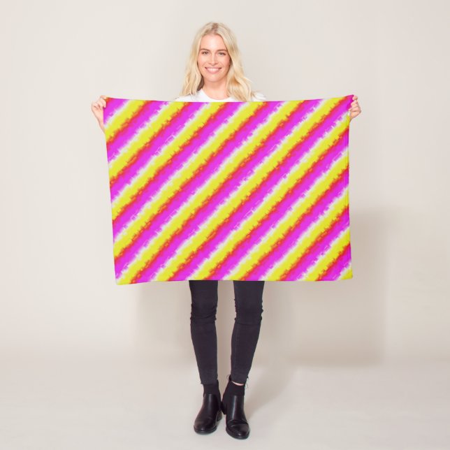 Yellow Pink Artdeco Rainbow Stripes Fleece Blanket (In Situ)