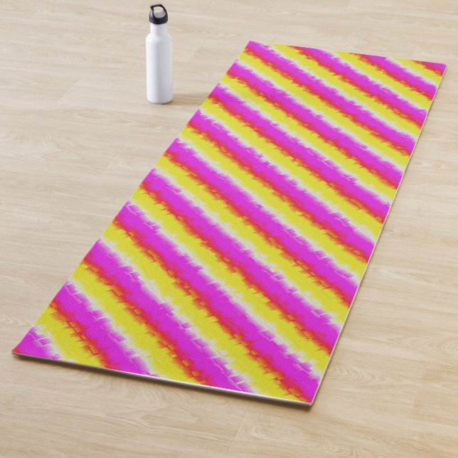 Yellow Pink Artdeco Rainbow Stripes Yoga Mat (In Situ)