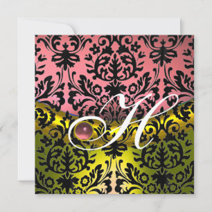 YELLOW PINK BLACK DAMASK MONOGRAM Amethyst Invitation