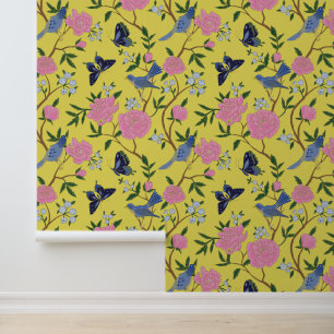 Yellow Pink & Blue Chinoiserie Cloisonne Birds Wallpaper