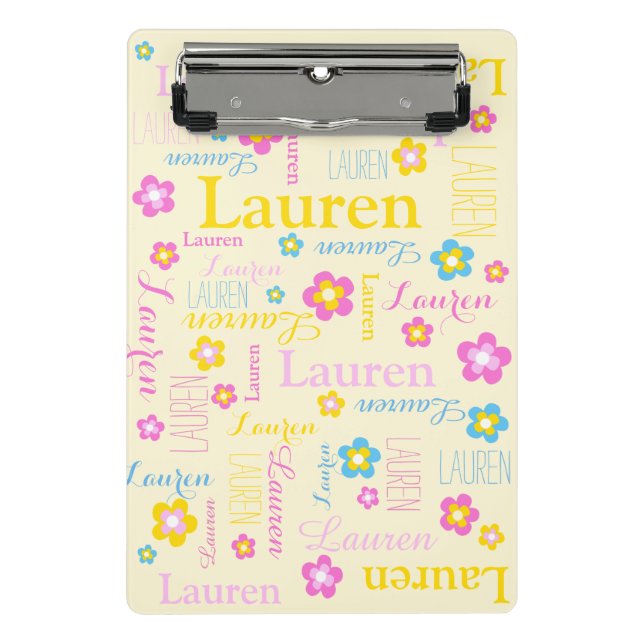 Yellow pink blue girls name Lauren flower  Mini Clipboard (Front)