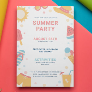 Yellow Pink Blue Simple Summer Party Invitation
