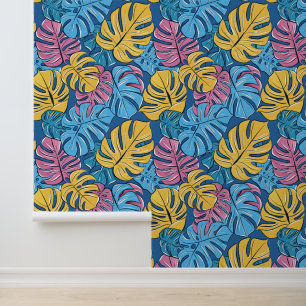 Yellow Pink Blue Summer Tropical Monstera Leaves Wallpaper