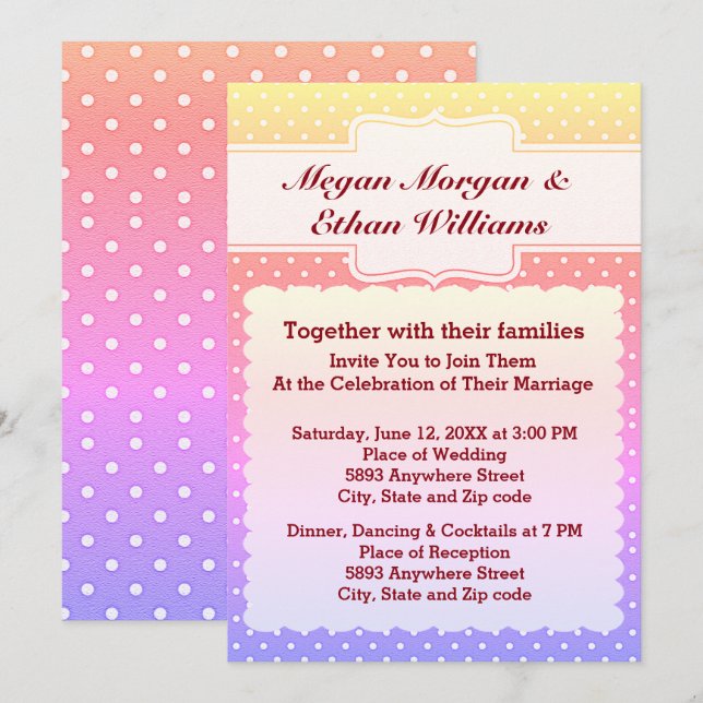 Yellow, Pink, Blue & White Polka Dots Wedding Invitation (Front/Back)