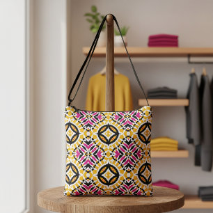 Yellow & Pink Boho Ethnic Geometric Pattern Crossbody Bag