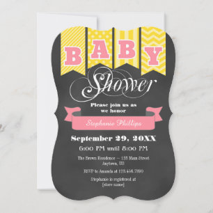 Yellow Pink Chalkboard Flag Baby Shower Invite