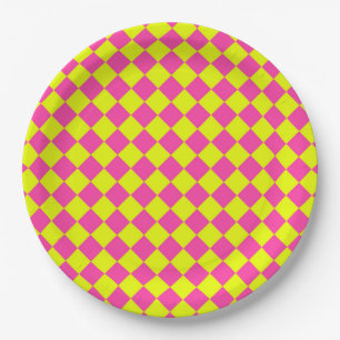 Yellow Pink Chequered Pattern Paper Plate