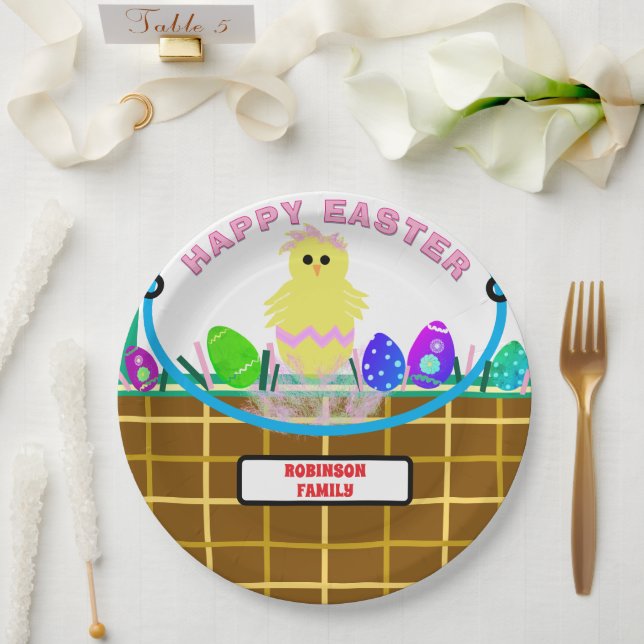 Yellow Pink Chick Easter Eggs Paper Plate (Wedding)