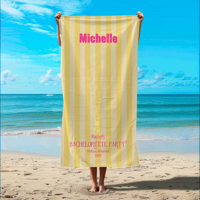 Yellow + Pink Coastal Stripe Bachelorette Matching Beach Towel (Creator Uploaded)