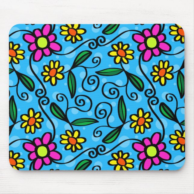Yellow pink daisies, flowers with blue background mouse mat (Front)