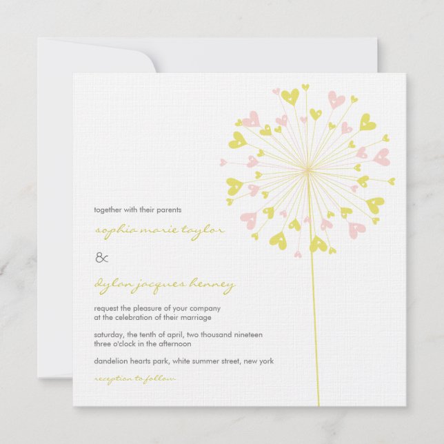 Yellow Pink Dandelions Love Wedding Invitation (Front)