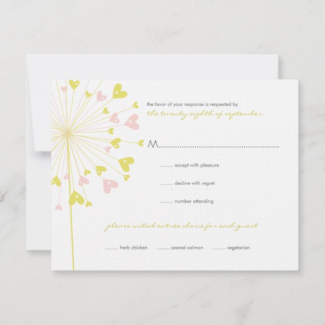 Yellow Pink Dandelions Love Wedding RSVP Card (Front)