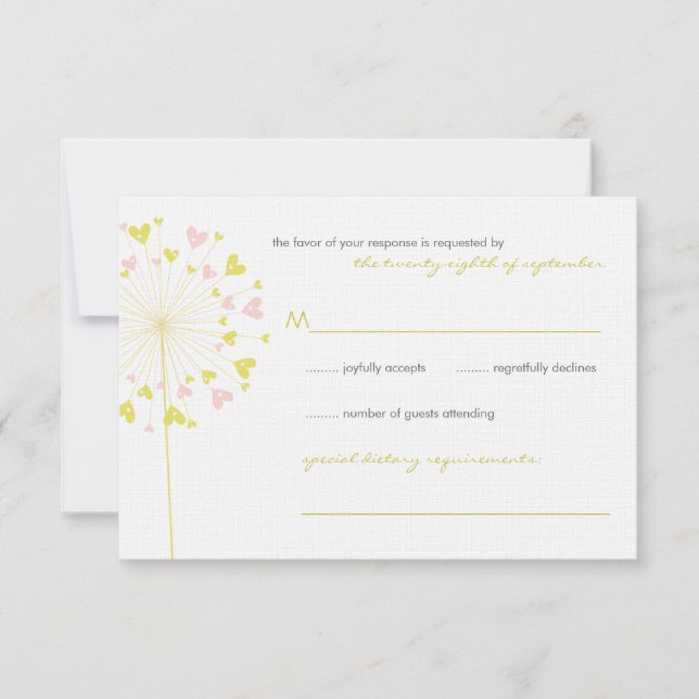 Yellow Pink Dandelions Love Wedding RSVP Card (Front)