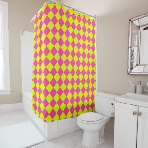 Yellow Pink Diamond Chequered Pattern Shower Curtain
