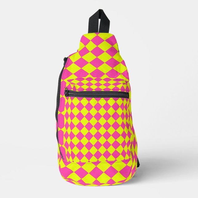 Yellow Pink Diamond Chequered Pattern Sling Bag (Front)