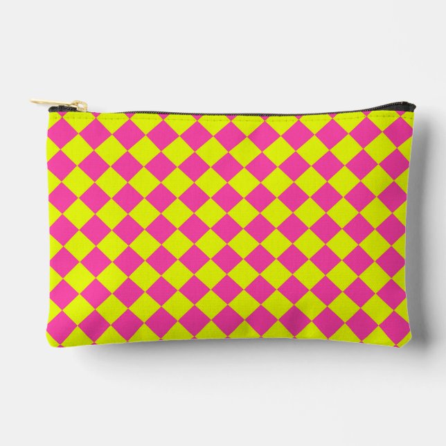 Yellow Pink Diamond Chequered Pattern Small Accessory Pouch (Front)
