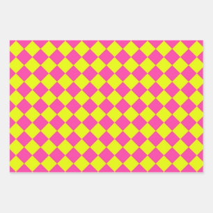 Yellow Pink Diamond Chequered Pattern Wrapping Paper Sheet